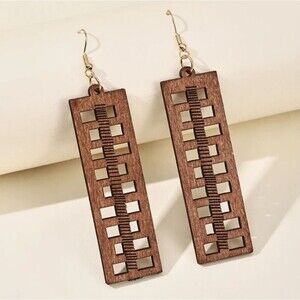 Brown wood earrings rectangular hollowed out drop carved skyscraper earrings